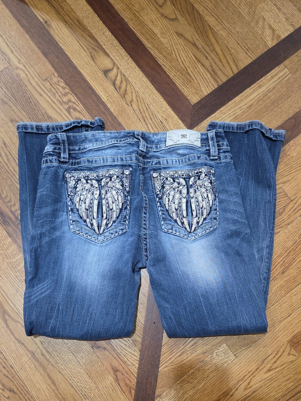 Miss Me Dark Blue Boot Cut Jeans with Embellished Wing Pockets